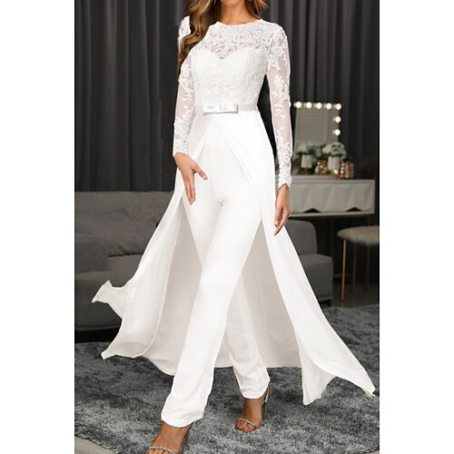 

Women's Jumpsuit Lace Solid Color Crew Neck Elegant Party Prom Straight Regular Fit Long Sleeve White S M L Spring
