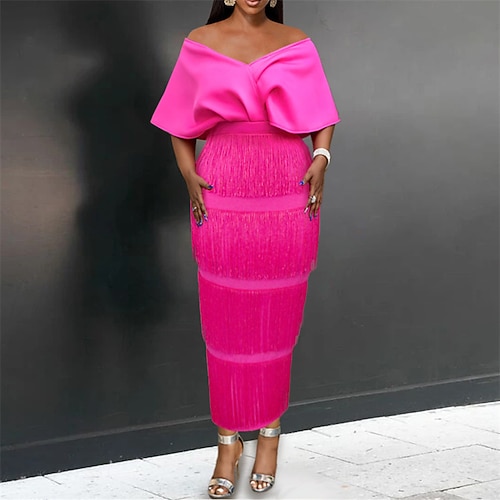 

Women's Party Dress Fringe Dress Sheath Dress Long Dress Maxi Dress Fuchsia Half Sleeve Pure Color Tassel Fringe Winter Fall Autumn V Neck Party Evening Party Wedding Guest 2022 S M L XL XXL 3XL 4XL