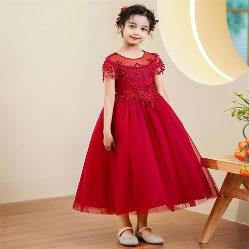 

Kids Little Girls' Dress Solid Colored Flower A Line Dress Party Special Occasion Embroidered Red Midi Short Sleeve Cute Princess Dresses Spring Summer Slim 4-13 Years