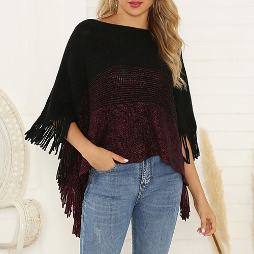 

Women's Poncho Sweater Jumper Crochet Knit Tassel Knitted Color Block Crew Neck Stylish Casual Outdoor Daily Winter Fall Khaki Red S M L / Long Sleeve / Regular Fit / Going out