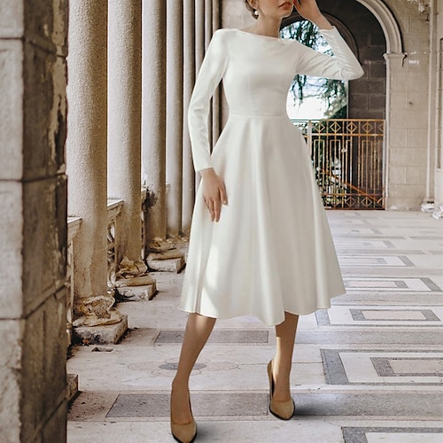 

A-Line Wedding Dresses Jewel Neck Tea Length Satin Long Sleeve Simple Vintage Sexy Little White Dress 1950s with Pleats 2022