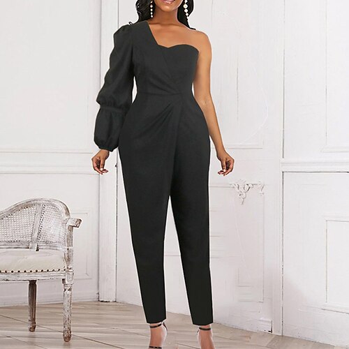 

Women's Jumpsuit Backless High Waist Solid Color One Shoulder Elegant Street Going out Regular Fit Long Sleeve Black S M L Fall