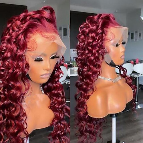 

Unprocessed Virgin Hair 13x4 Lace Front Wig With Ponytail Brazilian Hair Loose Wave Burgundy Wig 130% 150% Density with Baby Hair Natural Hairline 100% Virgin Glueless Pre-Plucked For wigs for black