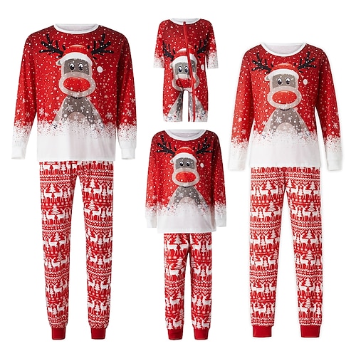 

Christmas Pajamas Ugly Family Deer Christmas Tree Snowflake Home Red Long Sleeve Mom Dad and Me Mommy Dad and Me Outfit Daily Matching Outfits