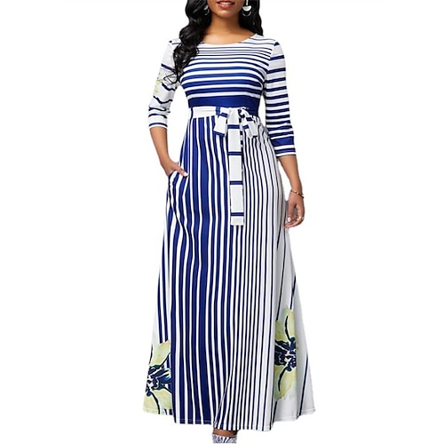 

Women's Casual Dress Swing Dress Long Dress Maxi Dress Blue Purple Long Sleeve Striped Patchwork Winter Fall Autumn Crew Neck Fashion Winter Dress Fall Dress Slim 2022 S M L XL 2XL 3XL 4XL 5XL