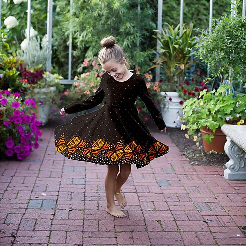 

Kids Girls' Dress Animal Swing Dress Above Knee Dress Daily Print Long Sleeve Cute Dress 3-10 Years Winter Black