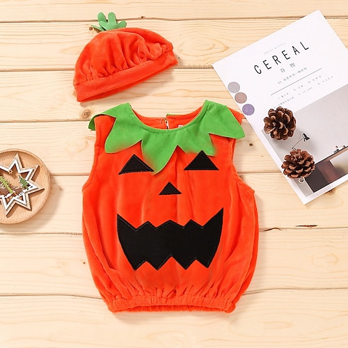 

2 Pieces Kids Unisex Halloween Clothing Set Outfit Cartoon Pumpkin Sleeveless Cotton Set Street Cool Comfort Winter Fall 2-6 Years Orange