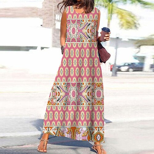 

Women's Casual Dress Shift Dress Swing Dress Long Dress Maxi Dress Pink Sleeveless Geometric Print Spring Summer 2022 S M L XL XXL 3XL