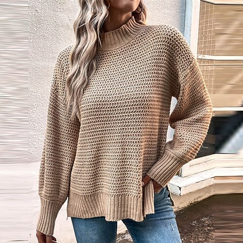 

Women's Pullover Sweater jumper Jumper Crochet Knit Split Knitted Pure Color Stand Collar Stylish Casual Outdoor Daily Winter Fall Wine Khaki S M L / Long Sleeve / Regular Fit / Going out