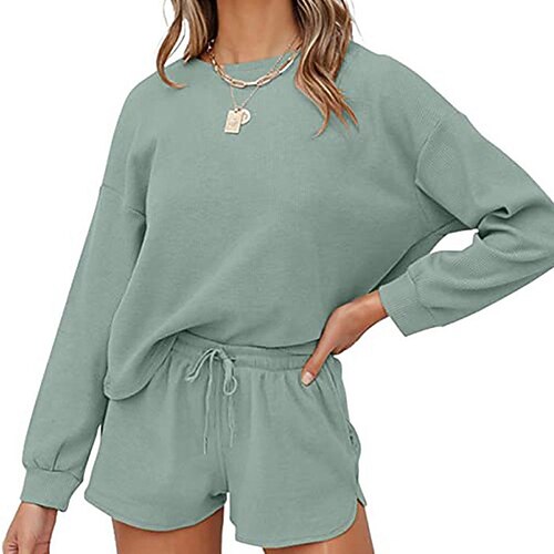 

Women's Loungewear Sets 2 Pieces Pure Color Comfort Home Daily Bed Cotton Breathable Gift Crew Neck Long Sleeve T shirt Tee Shorts Elastic Waist Winter Fall Green Red