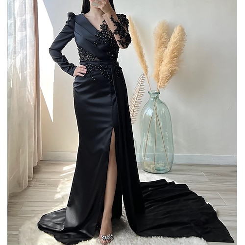 

Mermaid / Trumpet Evening Gown Luxurious Dress Formal Court Train Long Sleeve V Neck Charmeuse with Slit Appliques 2022