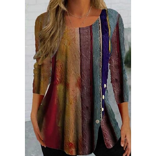 

Women's Blouse Shirt dark brown Color Block Button Print 3/4 Length Sleeve Casual Weekend Streetwear Round Neck Regular S / 3D Print
