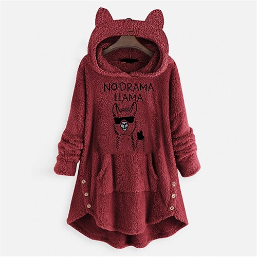 

Women's Cat Ear Fleece Hoodie Tops Sweatshirt Plain Button Pocket Long Sleeve Hooded Casual Teddy Home Daily Winter Fall Windproof Warm