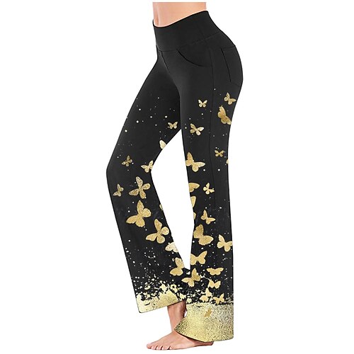 

Women's Wide Leg Pants with Side Pockets Yoga Style High Waist Quick Dry Fitness Gym Workout Bottoms Butterfly Black Gold Black Yellow Sports Activewear Stretchy 21Grams / Athletic / Athleisure