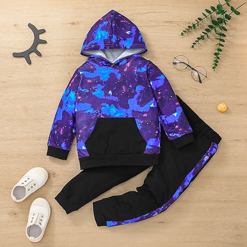 

2 Pieces Kids Boys Hoodie & Pants Clothing Set Outfit Tie Dye Long Sleeve Cotton Set Vacation Fashion Cool Winter Fall 2-6 Years Navy Blue
