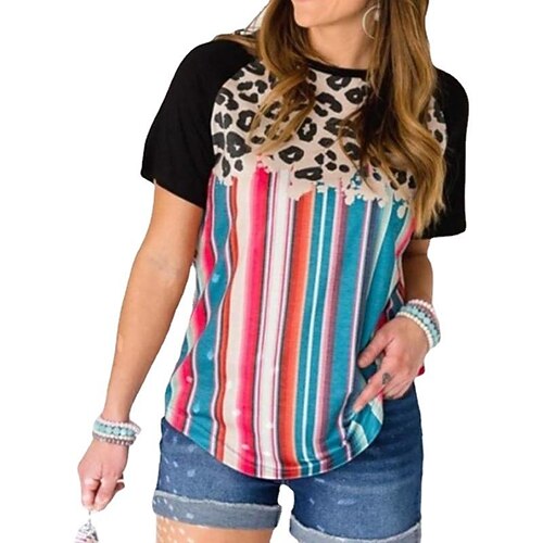 

cross-border european and american hot summer women's clothing spot casual short-sleeved t-shirt women's bohemian print leopard print stitching