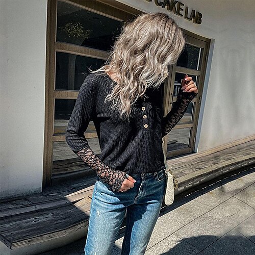 

early autumn casual women's long sleeve lace bottoming black knit sweater