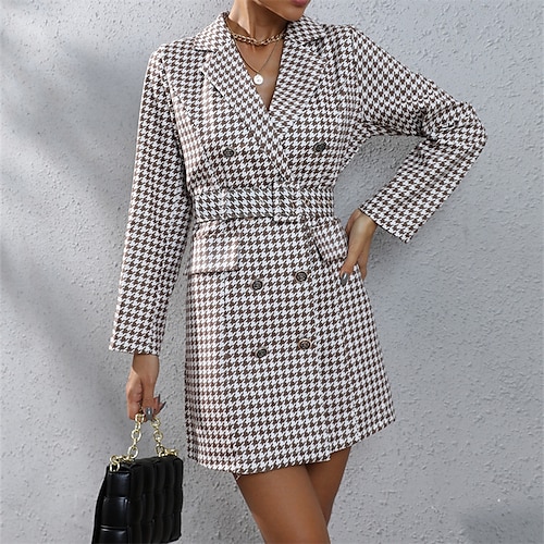 

Mujer vestido de trabajo Vestido blazer Vestido de cambio Mini vestido Rojo Color Caquí Manga Larga Plaid Botón Invierno Otoño Primavera Cuello Camisero Moda Vestido de invierno Oficina Diario 2023 S