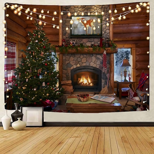 

Christmas Party Wall Tapestry Photography Background Tree Snow Santa Claus Fireplace Decorative Art Blanket Curtain Hanging Home Bedroom Living Room Decor