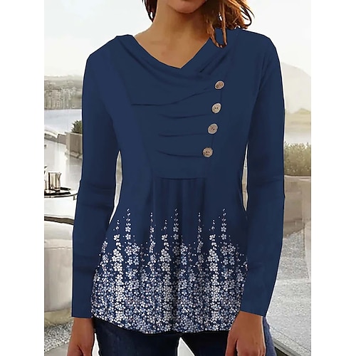 

Women's Blouse Shirt Tunic Navy Blue Floral Button Flowing tunic Long Sleeve Casual Weekend Streetwear V Neck Regular Floral S / Print