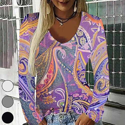 

Women's T shirt Tee Purple Graphic Graffiti Print Long Sleeve Casual Daily Vintage Round Neck Regular Painting S / 3D Print