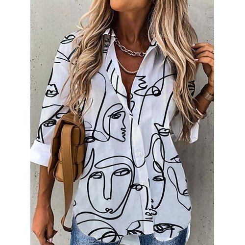 

Women's Blouse Shirt Purple Gray White Portrait Button Print Long Sleeve Daily Weekend Streetwear Casual Shirt Collar Regular Portrait S