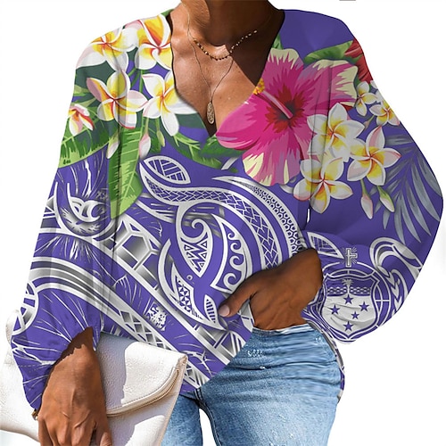

Women's Plus Size Tops Blouse Shirt Graphic Floral Print Long Sleeve V Neck Casual Daily Vacation Polyester Fall Winter Black Blue