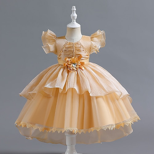 

Kids Girls' Dress Solid Colored Tulle Dress Knee-length Dress Party Beaded Short Sleeve Princess Dress 3-12 Years Spring Yellow Dusty Rose White