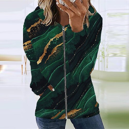 

Women's Casual Jacket Warm Breathable Outdoor Street Going out Casual Daily Zipper Pocket Print Zipper Hoodie Preppy Style Stripe Regular Fit Outerwear Long Sleeve Winter Fall Green S M L XL XXL 3XL