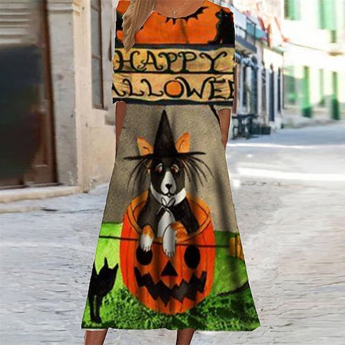 

Women's Casual Dress Swing Dress Midi Dress Black Blue Yellow Long Sleeve Cat Pumpkin Pocket Print Fall Winter Round Neck Vacation Casual 2022 S M L XL XXL 3XL