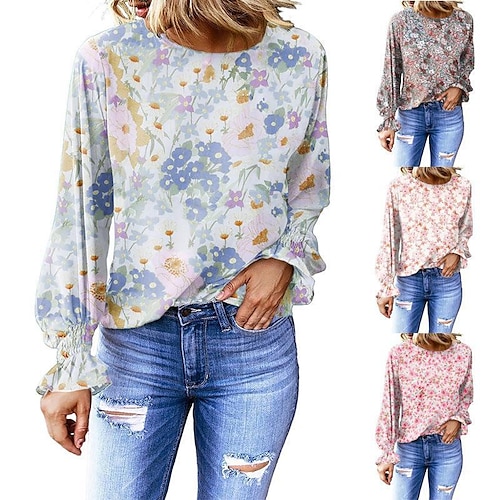

Women's T shirt Tee Print Flower / Floral Modern Round Neck Puff Balloon Standard Spring, Fall, Winter, Summer Blue Pink Gray White
