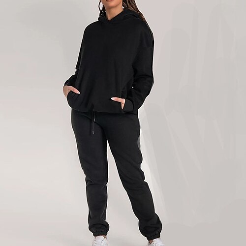 

Women's Plus Size Loungewear Sets Winter Nighty 2 Pieces Pure Color Sport Simple Comfort Home Street Daily Polyester Warm Hoodie Long Sleeve Hoodie Pant Hoodie Winter Fall Khaki Light gray