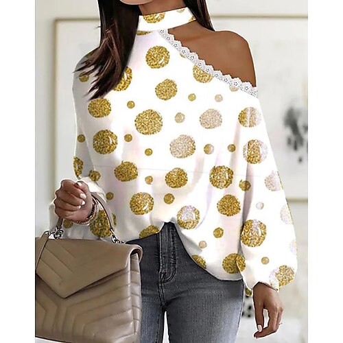 

Women's Blouse Shirt White Polka Dot Cut Out Lace Trims Long Sleeve Daily Weekend Streetwear Casual One Shoulder Regular S / 3D Print / Print