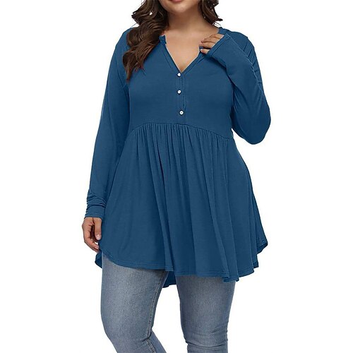 

Women's Plus Size Tops Tunic T shirt Tee Plain Ruched Button Long Sleeve V Neck Casual Daily Going out Polyester Fall Winter Green Black