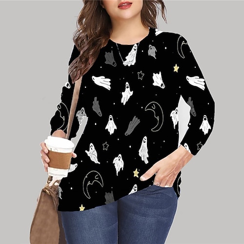 

Women's Plus Size Tops Pullover Sweatshirt Hoodie Sweatshirt Moon Print Long Sleeve Crewneck Casual Halloween Halloween Daily Microfiber Fall Winter Black