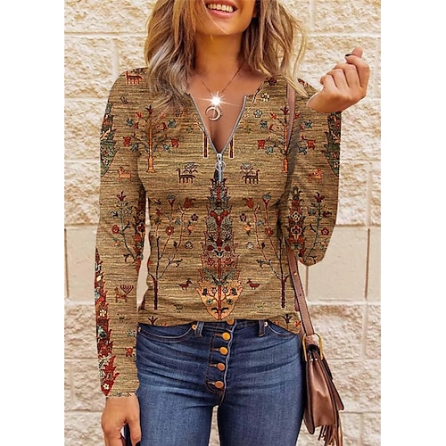 

Women's T shirt Tee Khaki Floral Quarter Zip Long Sleeve Daily Weekend Basic V Neck Regular Floral Painting S / 3D Print