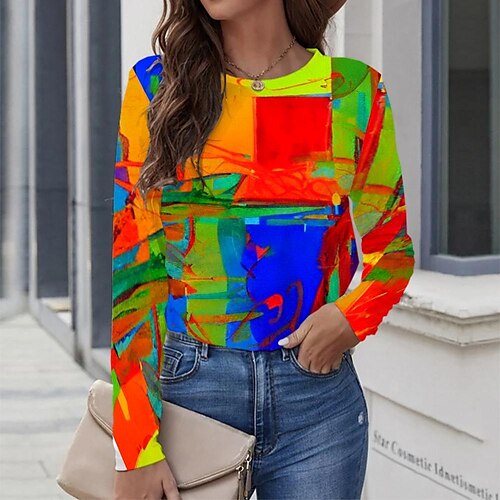 

Women's T shirt Tee Red Graphic Graffiti Print Long Sleeve Casual Daily Vintage Round Neck Regular Painting S / 3D Print