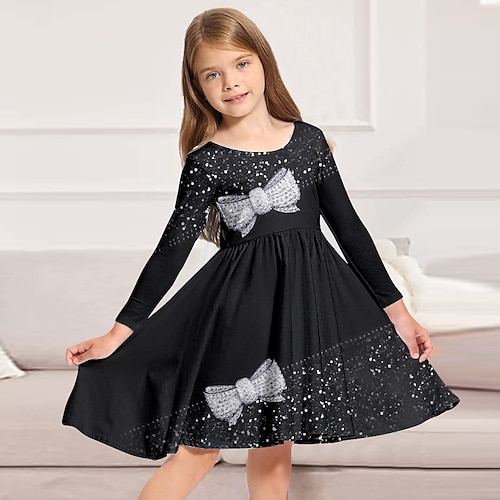 

kinderkleidung Mädchen Kleid Graphic Schaukelkleid Übers Knie Kleid Täglich Bedruckt Langarm Kuschelig Kleid 3-10 Jahre Winter Schwarz