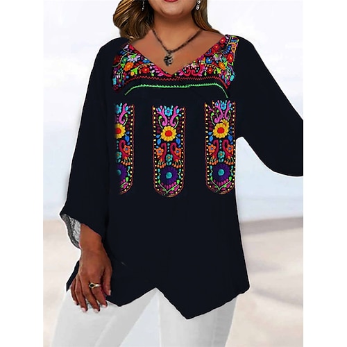 

Women's Plus Size Tops Blouse Shirt Floral Abstract Print Long Sleeve V Neck Casual Daily Going out Polyester Fall Winter White Black / 3D Print