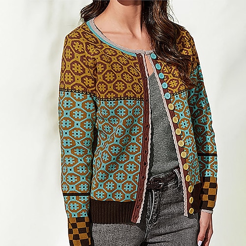 

Women's Cardigan Sweater Jumper Ribbed Knit Button Knitted Geometric Crew Neck Stylish Casual Outdoor Daily Fall Winter Yellow S M L / Long Sleeve
