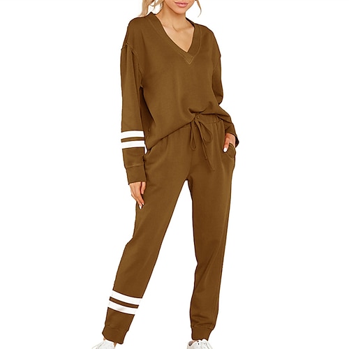 

Women's Loungewear Sets 2 Pieces Stripe Sport Comfort Home Daily Polyester V Wire Long Sleeve Pant Pocket Winter Fall Blue Army Green