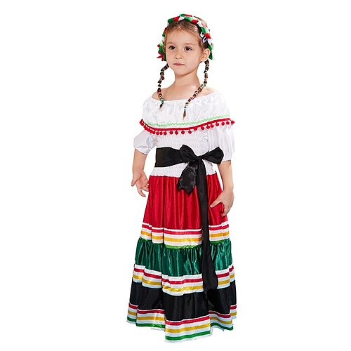 

Kids Girls' Halloween Dress Striped A Line Dress Asymmetrical Dress Performance Cotton Short Sleeve Costume Dress 2-6 Years Winter White