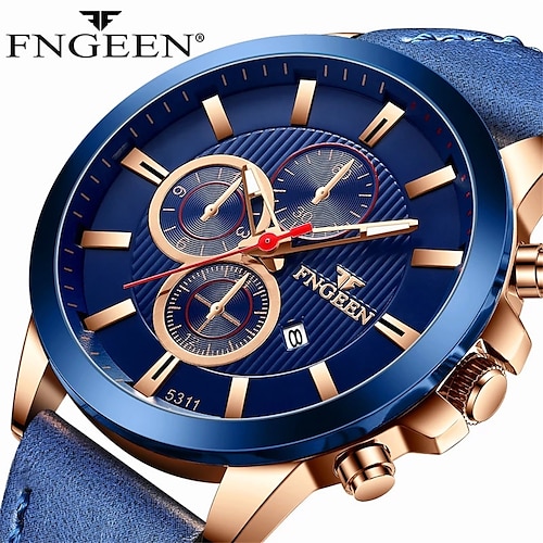 

FNGEEN Quartz Watch for Sports Fashion Blue Leather Watch Waterproof Mens Watches Luminous Quartz Calendar Display Men Clock Reloj Hombre 5311