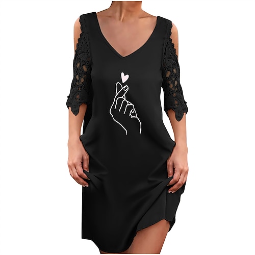 

Women's Casual Dress Shift Dress Short Mini Dress Black Red Beige Half Sleeve Heart Hollow Out Print Fall Winter Deep V Fashion Casual Modern 2022 S M L XL XXL 3XL 4XL