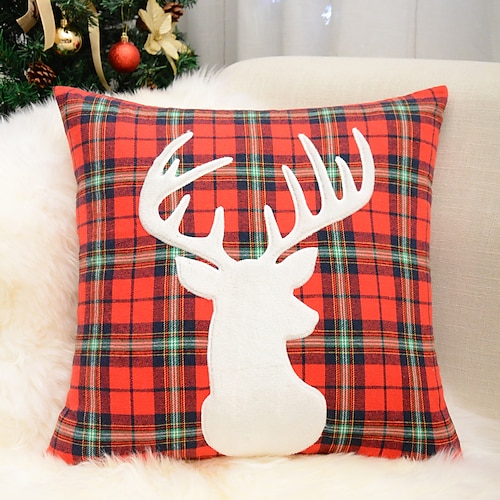 

Christmas Party Pillow Cover Embroidery Plaid Reindeer Off White Double Side Square Quality Pillow Case for Bedroom Livingroom Cushion Cover