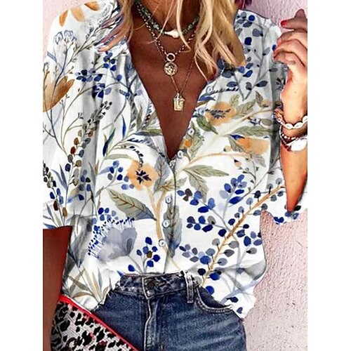 

Women's Blouse Shirt Blue Yellow Light Blue Floral Button Print Long Sleeve Holiday Weekend Streetwear Casual V Neck Regular Floral S / 3D Print