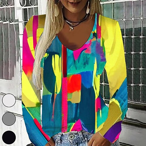 

Women's T shirt Tee Yellow Graphic Geometric Print Long Sleeve Casual Daily Vintage V Neck Regular Geometric Painting S / 3D Print
