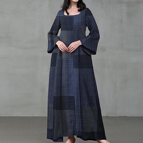 

Women's Swing Dress Maxi long Dress Blue Khaki Red Long Sleeve Plaid Print Fall Winter Round Neck Casual 2022 S M L XL 2XL 3XL 4XL 5XL