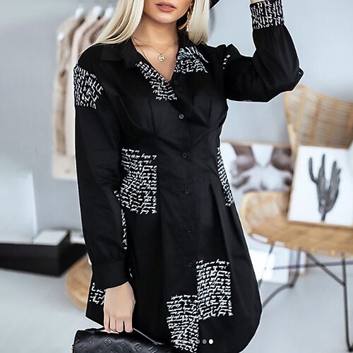 

Women's Shirt Dress Sheath Dress Short Mini Dress White Black Long Sleeve Letter Print Fall Winter Shirt Collar Stylish Casual 2022 S M L XL XXL