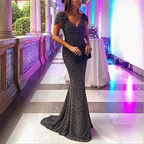 

Women's Party Dress Sequin Dress Sheath Dress Long Dress Maxi Dress Silver Short Sleeve Pure Color Sequins Winter Fall Autumn V Neck Fashion Party Evening Party Wedding Guest 2022 S M L XL